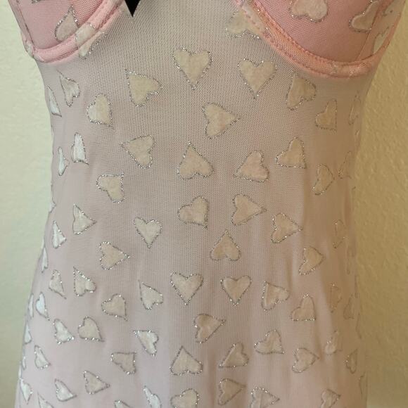 Pink Heart Mesh Babydoll Lingerie Dress Lace Trim Pleated Hem S - Picture 2 of 11